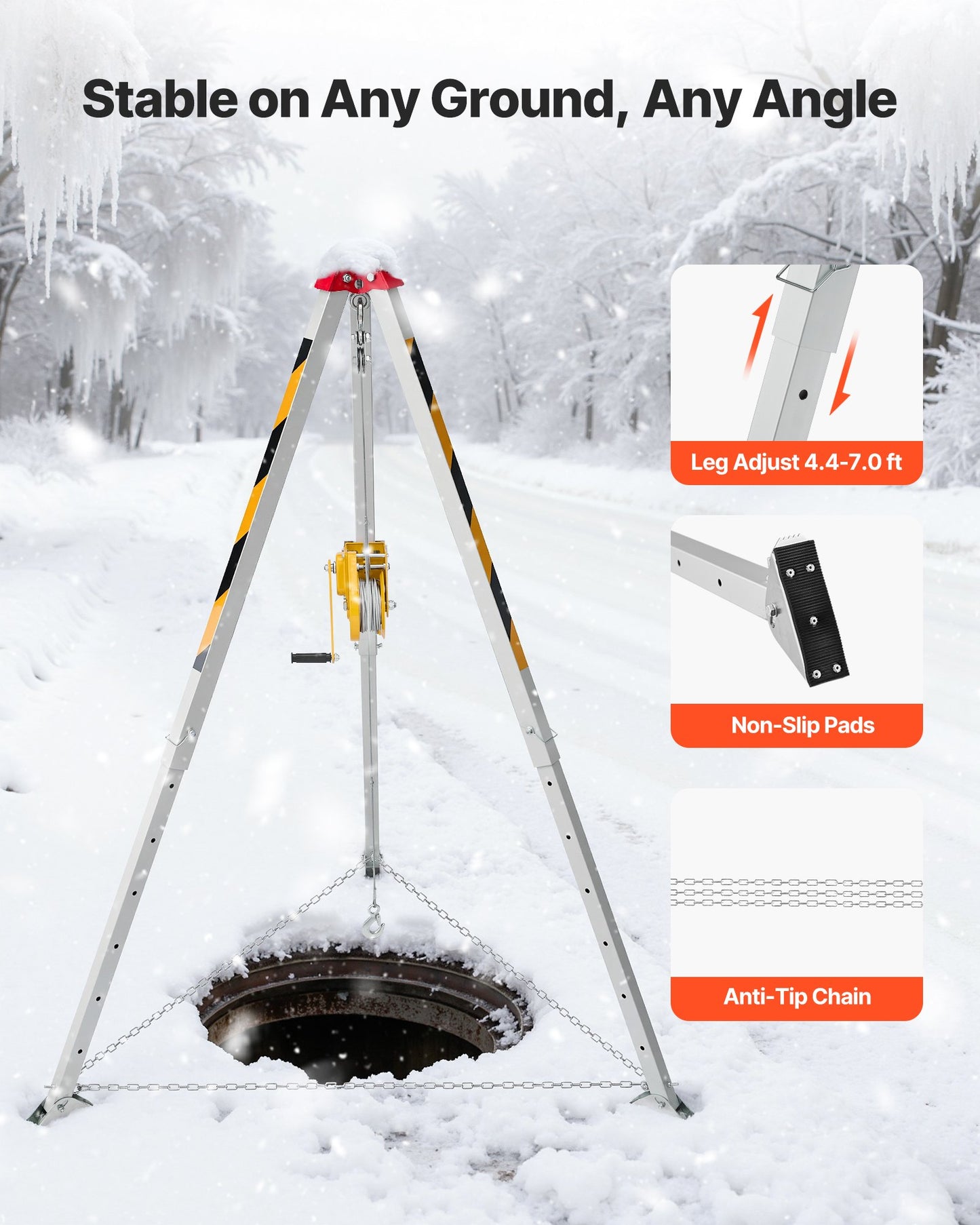 Confined Space Tripod Kit, Heavy Duty Rescue Tripod Lifting Hoist 1800 lbs Winch, 4.1 ft Adjustable Legs, 65 ft Cable Portable Kit, 32.8 ft Fall Protection, 4.40-7.05 ft Working Height