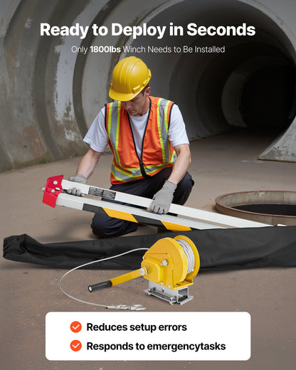 Confined Space Tripod Kit, Heavy Duty Rescue Tripod Lifting Hoist 1800 lbs Winch, 4.1 ft Adjustable Legs, 65 ft Cable Portable Kit, 32.8 ft Fall Protection, 4.40-7.05 ft Working Height