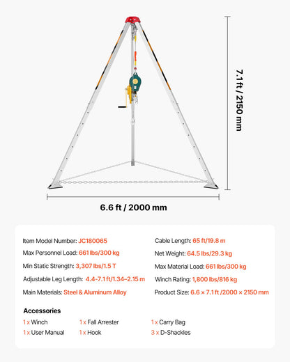 Confined Space Tripod Kit, Heavy Duty Rescue Tripod Lifting Hoist 1800 lbs Winch, 4.1 ft Adjustable Legs, 65 ft Cable Portable Kit, 32.8 ft Fall Protection, 4.40-7.05 ft Working Height