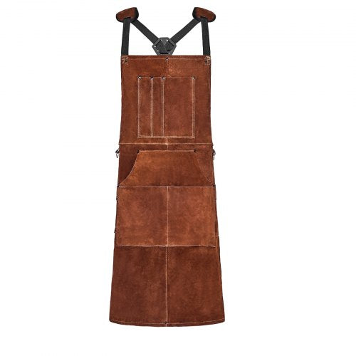 Leather Welding Work Apron, Heavy Duty Cowhide Flame Resistant Welding Apron, Heat-Resistant Blacksmith Welder Aprons with 6 Tool Pockets for Woodworking, Gardening, BBQ