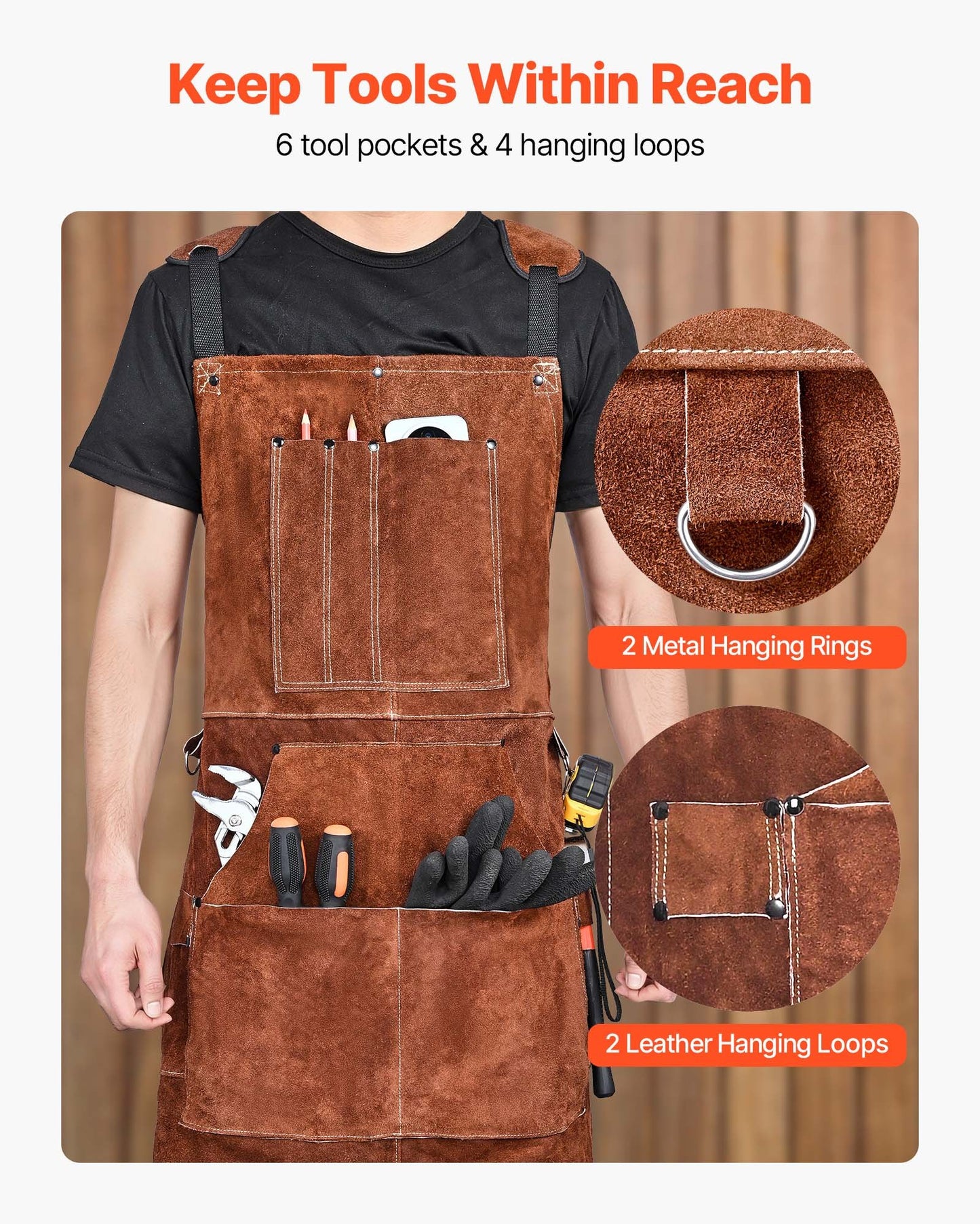 Leather Welding Work Apron, Heavy Duty Cowhide Flame Resistant Welding Apron, Heat-Resistant Blacksmith Welder Aprons with 6 Tool Pockets for Woodworking, Gardening, BBQ