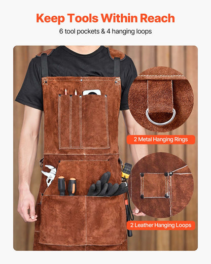 Leather Welding Work Apron, Heavy Duty Cowhide Flame Resistant Welding Apron, Heat-Resistant Blacksmith Welder Aprons with 6 Tool Pockets for Woodworking, Gardening, BBQ