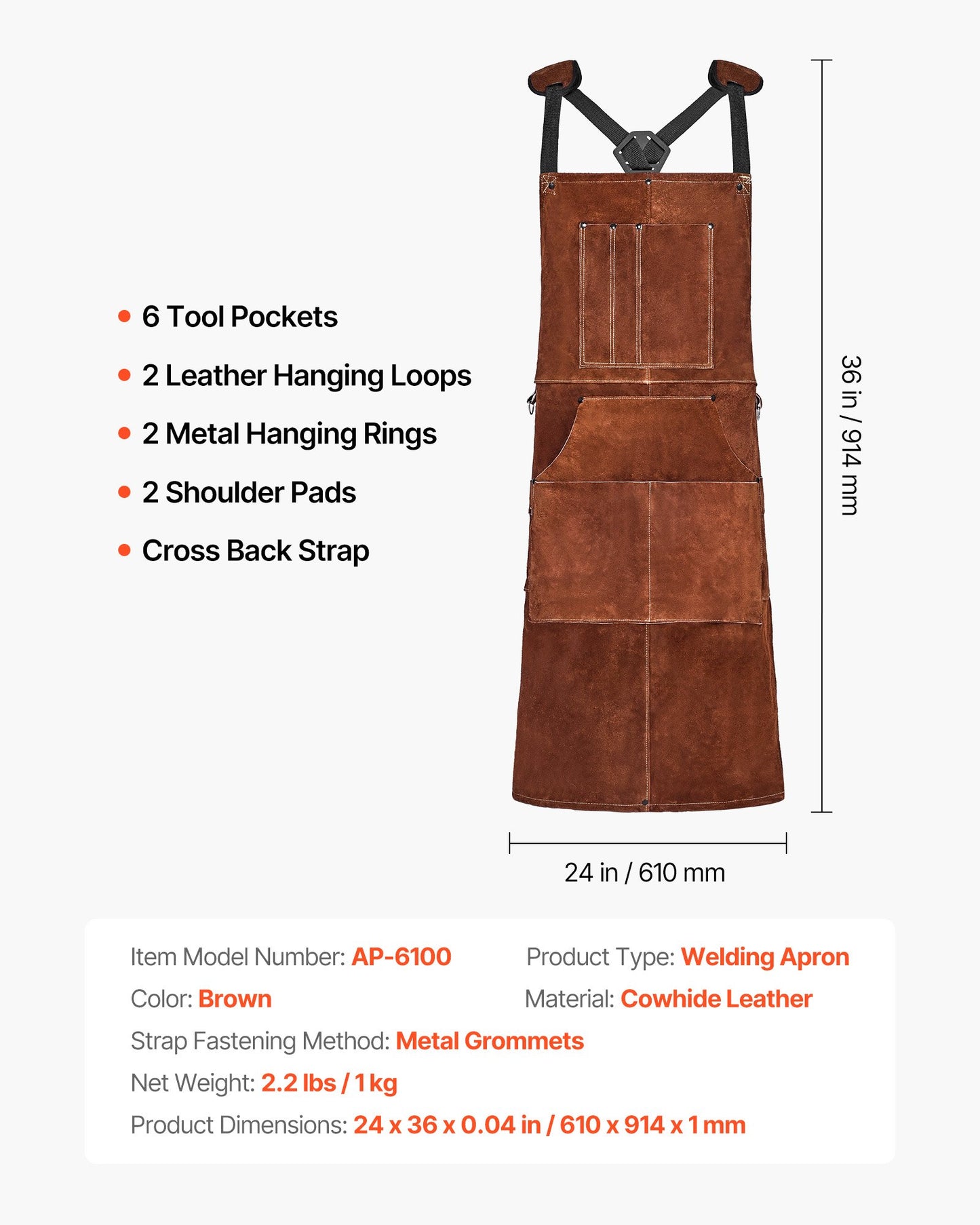 Leather Welding Work Apron, Heavy Duty Cowhide Flame Resistant Welding Apron, Heat-Resistant Blacksmith Welder Aprons with 6 Tool Pockets for Woodworking, Gardening, BBQ