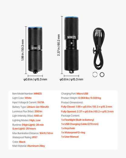 Keychain Flashlight, Rechargeable Mini LED Flashlight, 200 High Lumens Pocket-Sized Flashlight with 2 Lighting Modes, IPX7 Waterproof Portable Flashlight for Everyday Carry, Camping, Emergencies