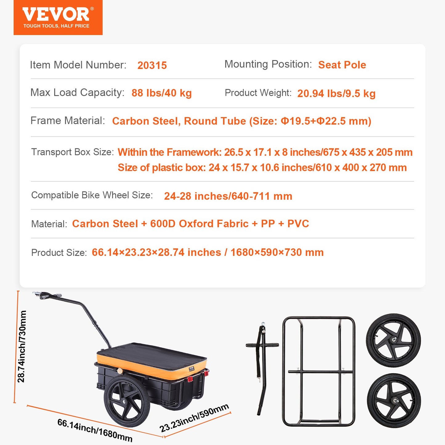 Bike Cargo Trailer, 88 lbs Load Capacity, Heavy-Duty Bicycle Wagon Cart, Foldable Compact Storage with Universal Hitch, Waterproof Cover, 16" Wheels, Safe Reflectors, Fits 24"-28" Bike Wheels