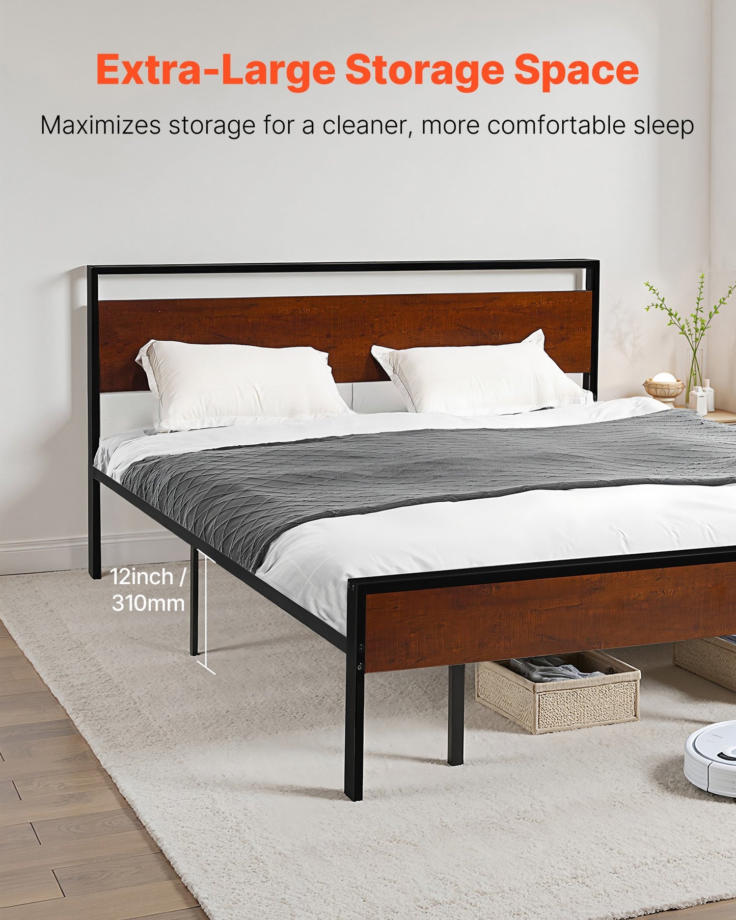 King Size Bed Frame, 14 Inch Black Metal Platform Bed Frame with Retro Brown Wooden Headboard and Footboard, Large Under-Bed Storage, Non-Slip Without Noise, No Box Spring Needed, Easy Assembly