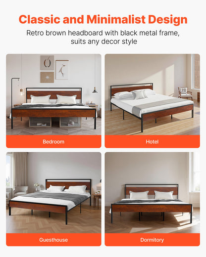 King Size Bed Frame, 14 Inch Black Metal Platform Bed Frame with Retro Brown Wooden Headboard and Footboard, Large Under-Bed Storage, Non-Slip Without Noise, No Box Spring Needed, Easy Assembly