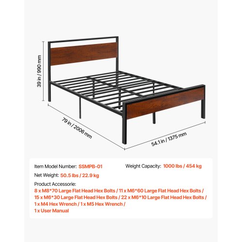 Metallbettrahmen, volle Größe, mit Kopfteil und Stauraum unter dem Bett, 35 cm | EU