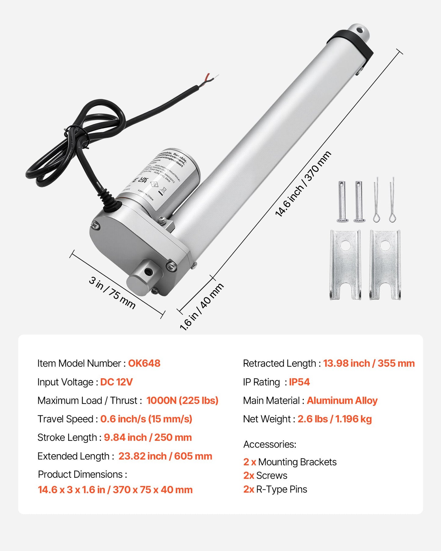 12V Linear Actuator, 9.84 Inch High Speed 0.6"/s Linear Motion Actuator, 225lbs/1000N with IP54 Protection & Mounting Bracket for Lift Desk, Recliner Chairs, Window Door Opener