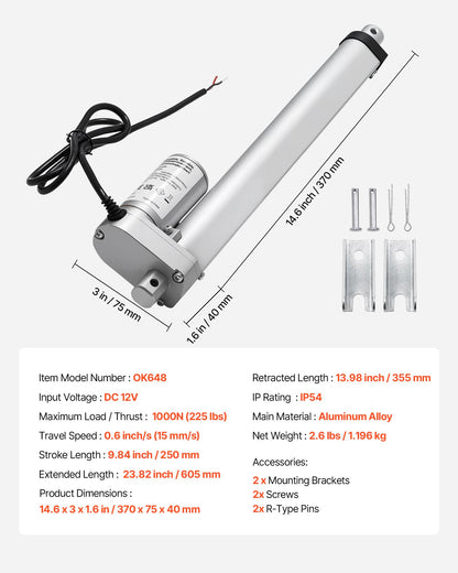 12V Linear Actuator, 9.84 Inch High Speed 0.6"/s Linear Motion Actuator, 225lbs/1000N with IP54 Protection & Mounting Bracket for Lift Desk, Recliner Chairs, Window Door Opener