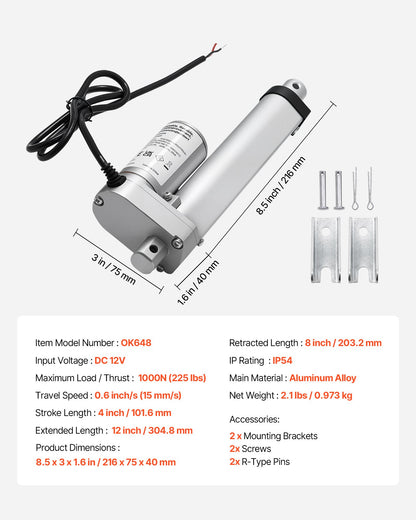 12V Linear Actuator, 4 Inch High Speed 0.6"/s Linear Motion Actuator, 225lbs/1000N with IP54 Protection & Mounting Bracket for Lift Desk, Recliner Chairs, Window Door Opener