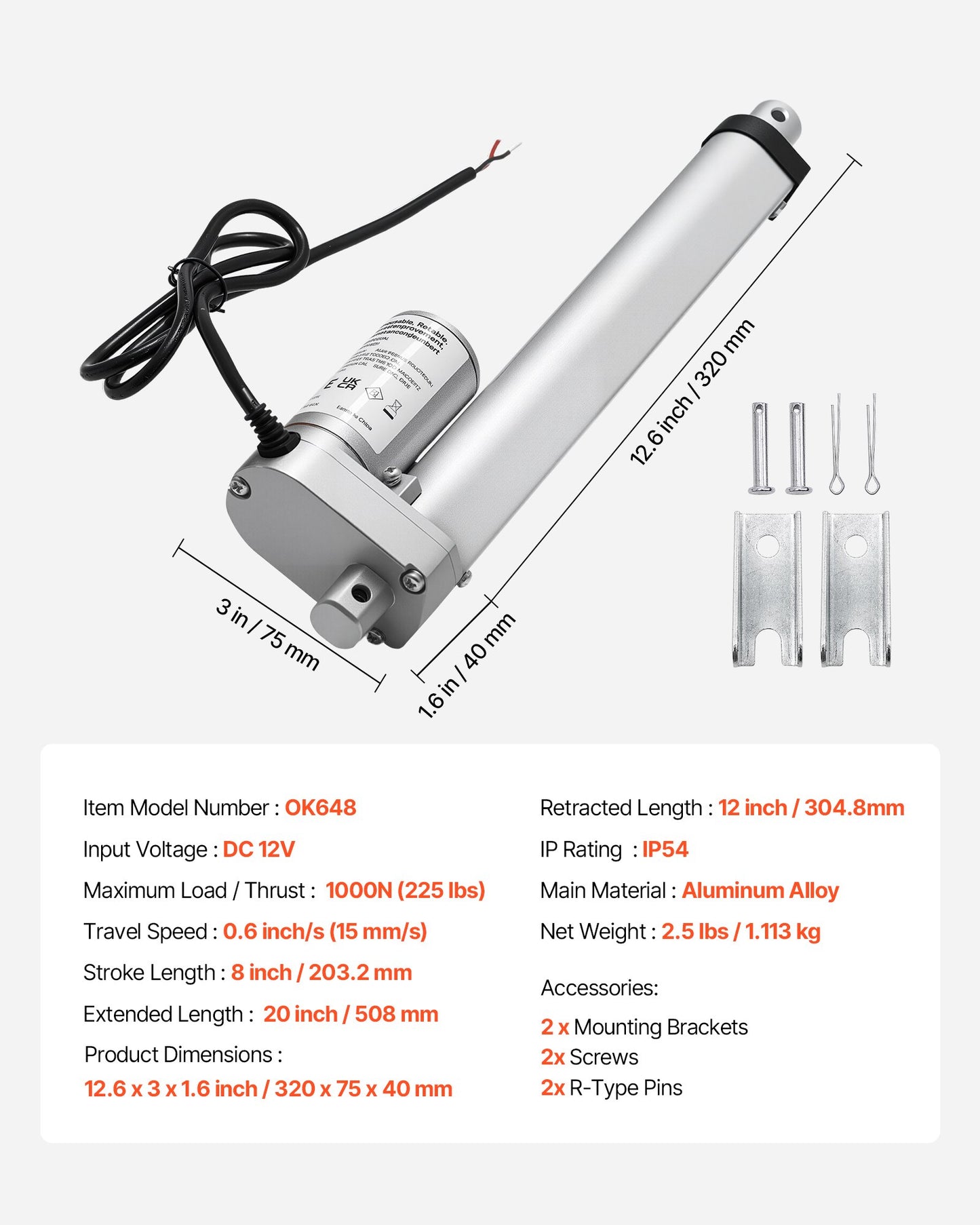 12V Linear Actuator, 8 Inch High Speed 0.6"/s Linear Motion Actuator, 225lbs/1000N with IP54 Protection & Mounting Bracket for Lift Desk, Recliner Chairs, Window Door Opener