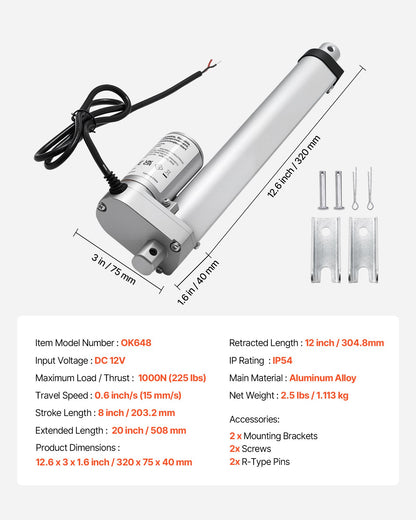 12V Linear Actuator, 8 Inch High Speed 0.6"/s Linear Motion Actuator, 225lbs/1000N with IP54 Protection & Mounting Bracket for Lift Desk, Recliner Chairs, Window Door Opener
