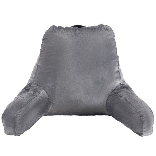 Reading Pillow, Large Size Bed Pillow with Shredded Memory Foam, Back Pillow with 3 Pockets and Washable Short Velvet Cloth, Top with Handle, for Watching TV, Reading, Gaming, Resting, Grey