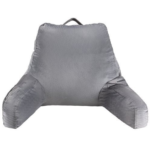 Reading Pillow, Standard Size Bed Pillow with Shredded Memory Foam, Back Pillow with 3 Pockets and Washable Short Velvet Cloth, Top with Handle, for Watching TV, Reading, Gaming, Resting, Grey