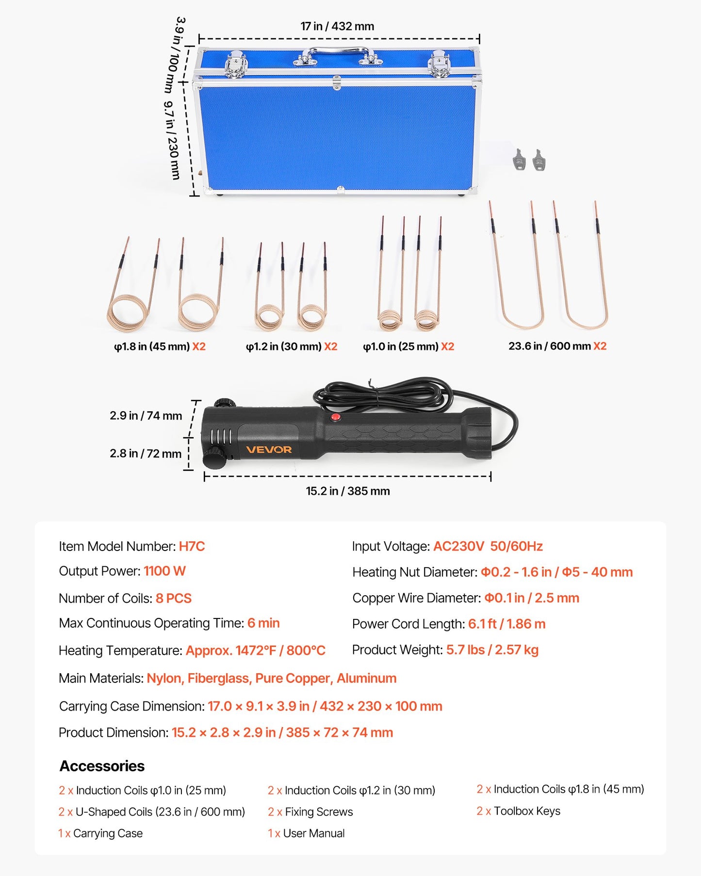 Induction Heater Bolt Removal, 1100W 110V Magnetic Induction Heater Kit, Handheld Nut Buster Tool, Mini Heating Machine for Rusty Screw Removing, Car Garage Repairing Tools with 8 Coil and Box