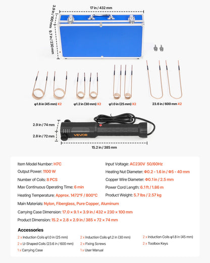 Induction Heater Bolt Removal, 1100W 110V Magnetic Induction Heater Kit, Handheld Nut Buster Tool, Mini Heating Machine for Rusty Screw Removing, Car Garage Repairing Tools with 8 Coil and Box
