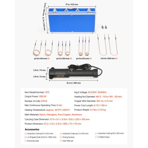 Induktionsvärmare Bultborttagning, 1100W 230V Magnetisk Induktionsvärmare Kit, Handhållet Mutterbrytare, Mini Värmemaskin för att Borttagning av Rostiga Skruvar, Bilgarage Reparationsverktyg med 8 Spolar och Ask |  EU