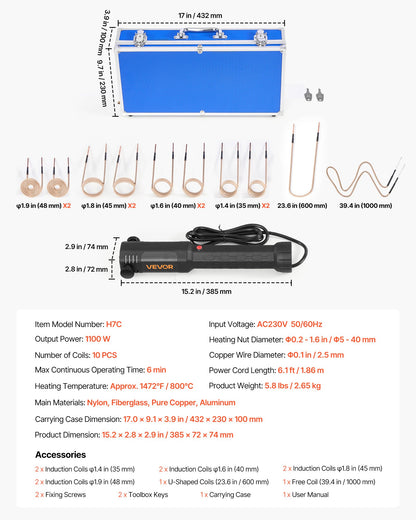 Induction Heater Bolt Removal, 1100W 110V Magnetic Induction Heater Kit, Handheld Nut Buster Tool, Mini Heating Machine for Rusty Screw Removing, Car Garage Repairing Tools with 10 Coil and Box