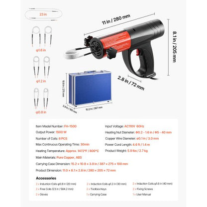 Induktionsvärmare Bultborttagning, 1500W 230V Magnetisk Induktionsvärmare Kit, Handhållet Mutterbrytare, Mini Värmemaskin för Borttagning av Rostiga Skruvar, reparationsverktyg för Bilgarage med 8 Spolar och Ask |  EU