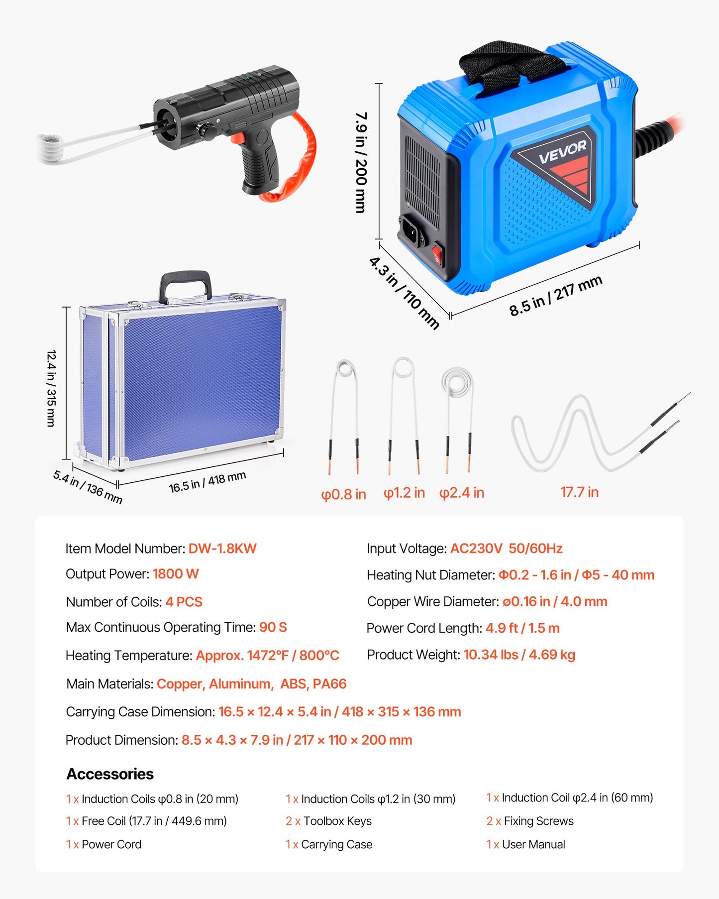 Induction Heater Bolt Removal, 1800W 110V Magnetic Induction Heater Kit, Handheld Nut Buster Tool, Mini Heating Machine for Rusty Screw Removing, Car Garage Repairing Tools with 4 Coil and Box