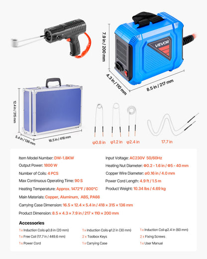 Induction Heater Bolt Removal, 1800W 110V Magnetic Induction Heater Kit, Handheld Nut Buster Tool, Mini Heating Machine for Rusty Screw Removing, Car Garage Repairing Tools with 4 Coil and Box