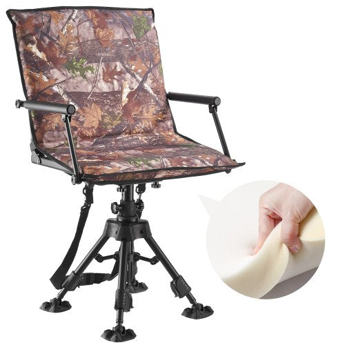 Hunting Chair, 360° Silent Swivel, Foldable Portable Blind Chair, Heavy-Duty Steel Frame Ground Stool Seat, with Armrests, Cover, Anti-Sink Feet, Height Adjustable, 350 Lbs Capacity for Camping