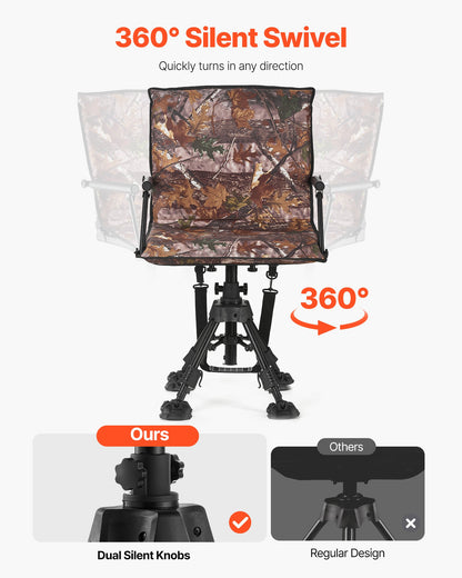 Hunting Chair, 360° Silent Swivel, Foldable Portable Blind Chair, Heavy-Duty Steel Frame Ground Stool Seat, with Armrests, Cover, Anti-Sink Feet, Height Adjustable, 350 Lbs Capacity for Camping