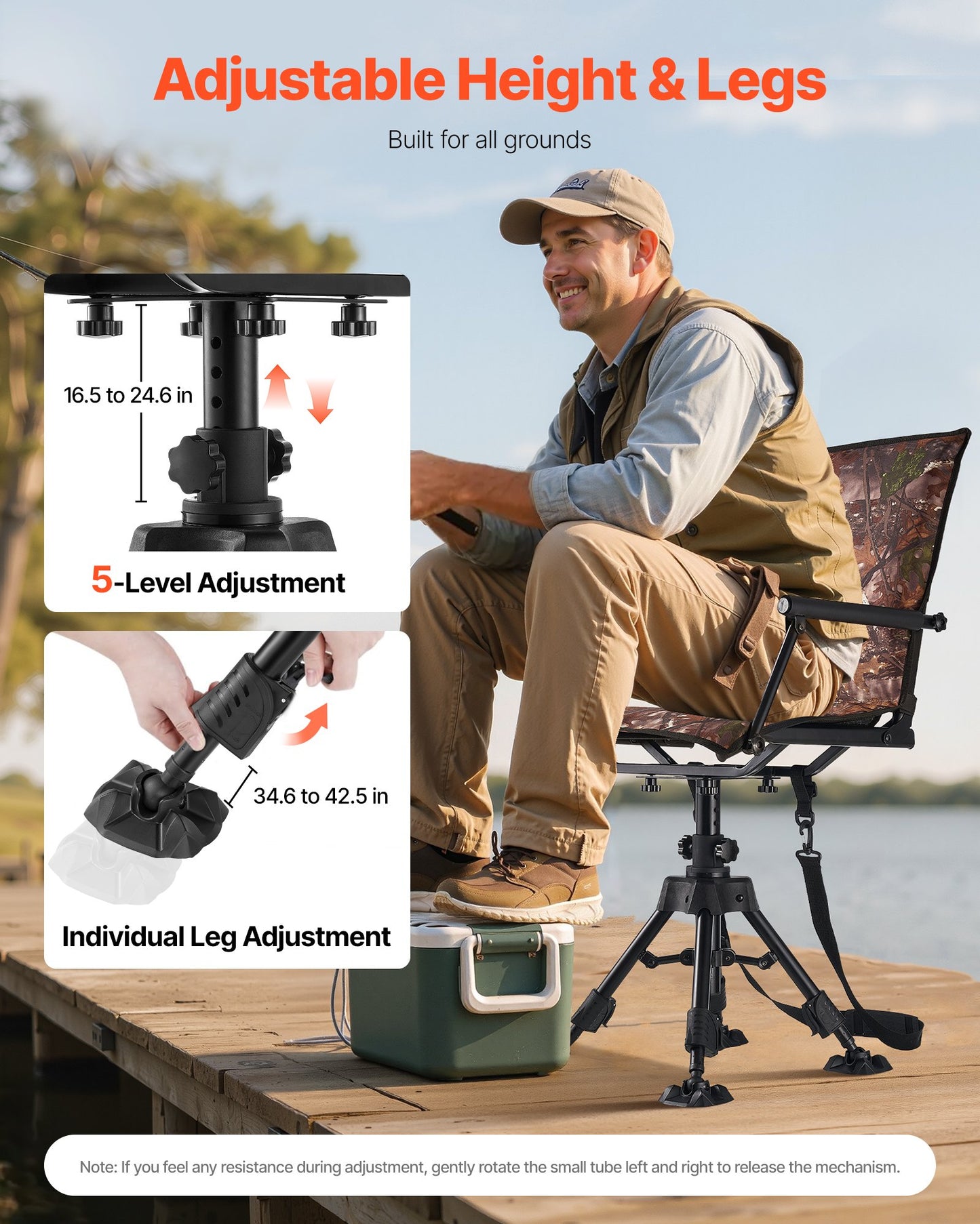 Hunting Chair, 360° Silent Swivel, Foldable Portable Blind Chair, Heavy-Duty Steel Frame Ground Stool Seat, with Armrests, Cover, Anti-Sink Feet, Height Adjustable, 350 Lbs Capacity for Camping