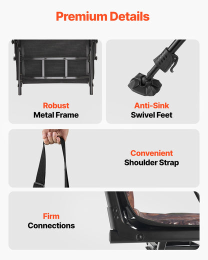 Hunting Chair, 360° Silent Swivel, Foldable Portable Blind Chair, Heavy-Duty Steel Frame Ground Stool Seat, with Armrests, Cover, Anti-Sink Feet, Height Adjustable, 350 Lbs Capacity for Camping