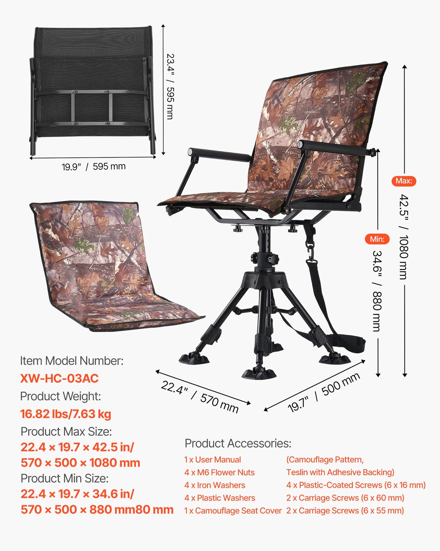 Hunting Chair, 360° Silent Swivel, Foldable Portable Blind Chair, Heavy-Duty Steel Frame Ground Stool Seat, with Armrests, Cover, Anti-Sink Feet, Height Adjustable, 350 Lbs Capacity for Camping