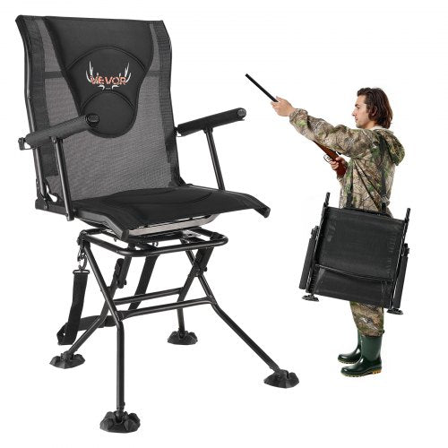 Hunting Chair, 360° Silent Swivel, Foldable Portable Blind Chair, Heavy-Duty Steel Frame Ground Stool Seat, with Armrests, Adjustable Carry Strap, Anti-Sink Feet, 300 Lbs Capacity for Fishing