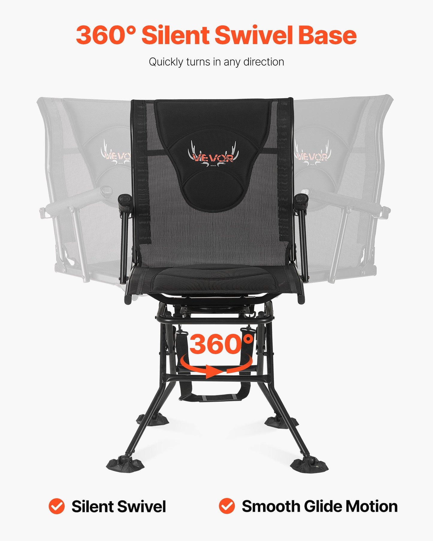 Hunting Chair, 360° Silent Swivel, Foldable Portable Blind Chair, Heavy-Duty Steel Frame Ground Stool Seat, with Armrests, Adjustable Carry Strap, Anti-Sink Feet, 300 Lbs Capacity for Fishing