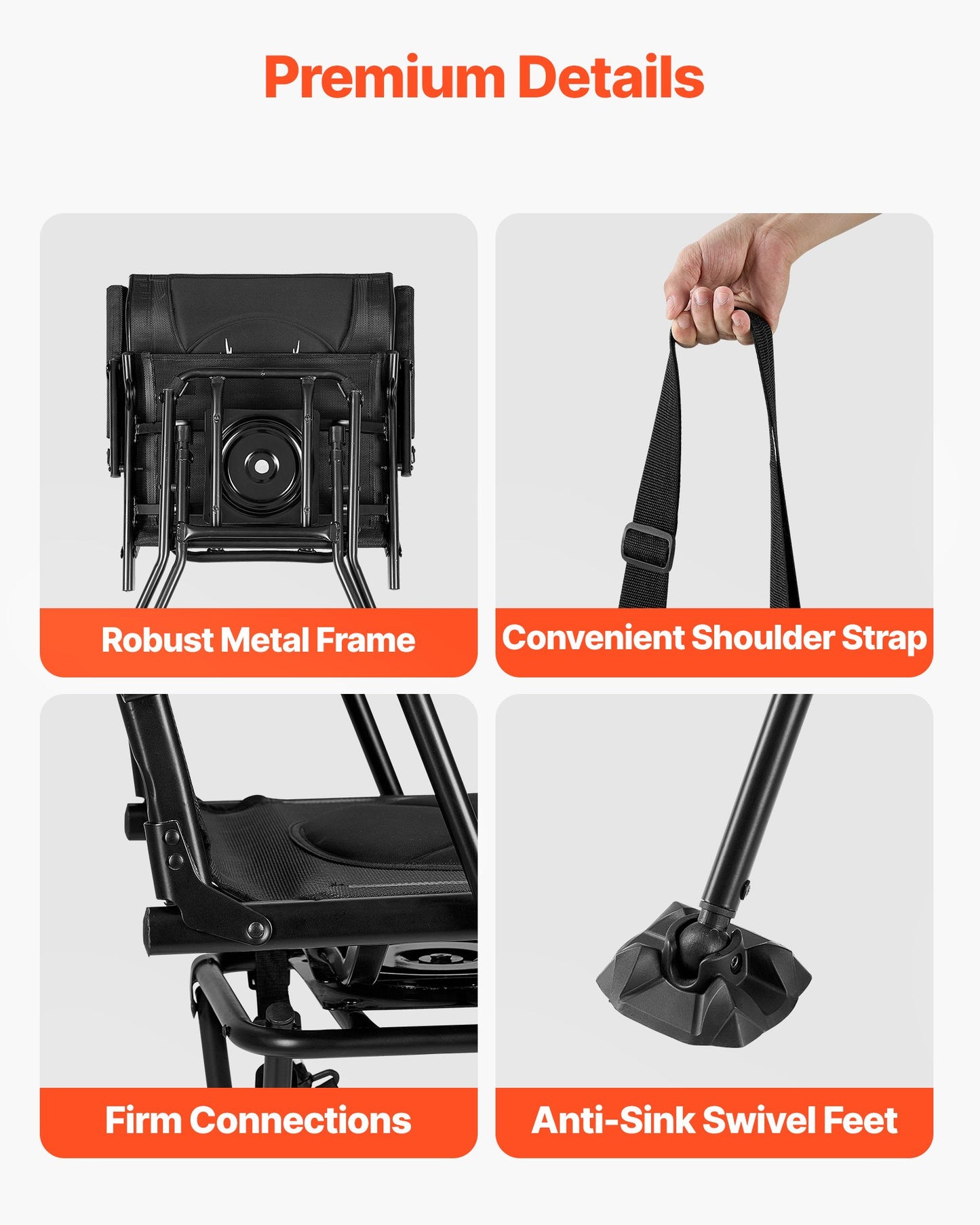 Hunting Chair, 360° Silent Swivel, Foldable Portable Blind Chair, Heavy-Duty Steel Frame Ground Stool Seat, with Armrests, Adjustable Carry Strap, Anti-Sink Feet, 300 Lbs Capacity for Fishing