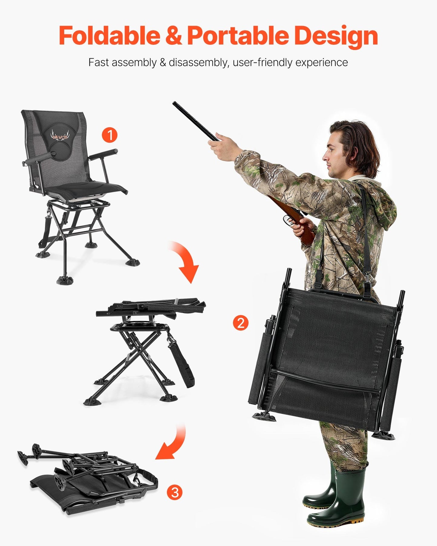 Hunting Chair, 360° Silent Swivel, Foldable Portable Blind Chair, Heavy-Duty Steel Frame Ground Stool Seat, with Armrests, Adjustable Carry Strap, Anti-Sink Feet, 300 Lbs Capacity for Fishing