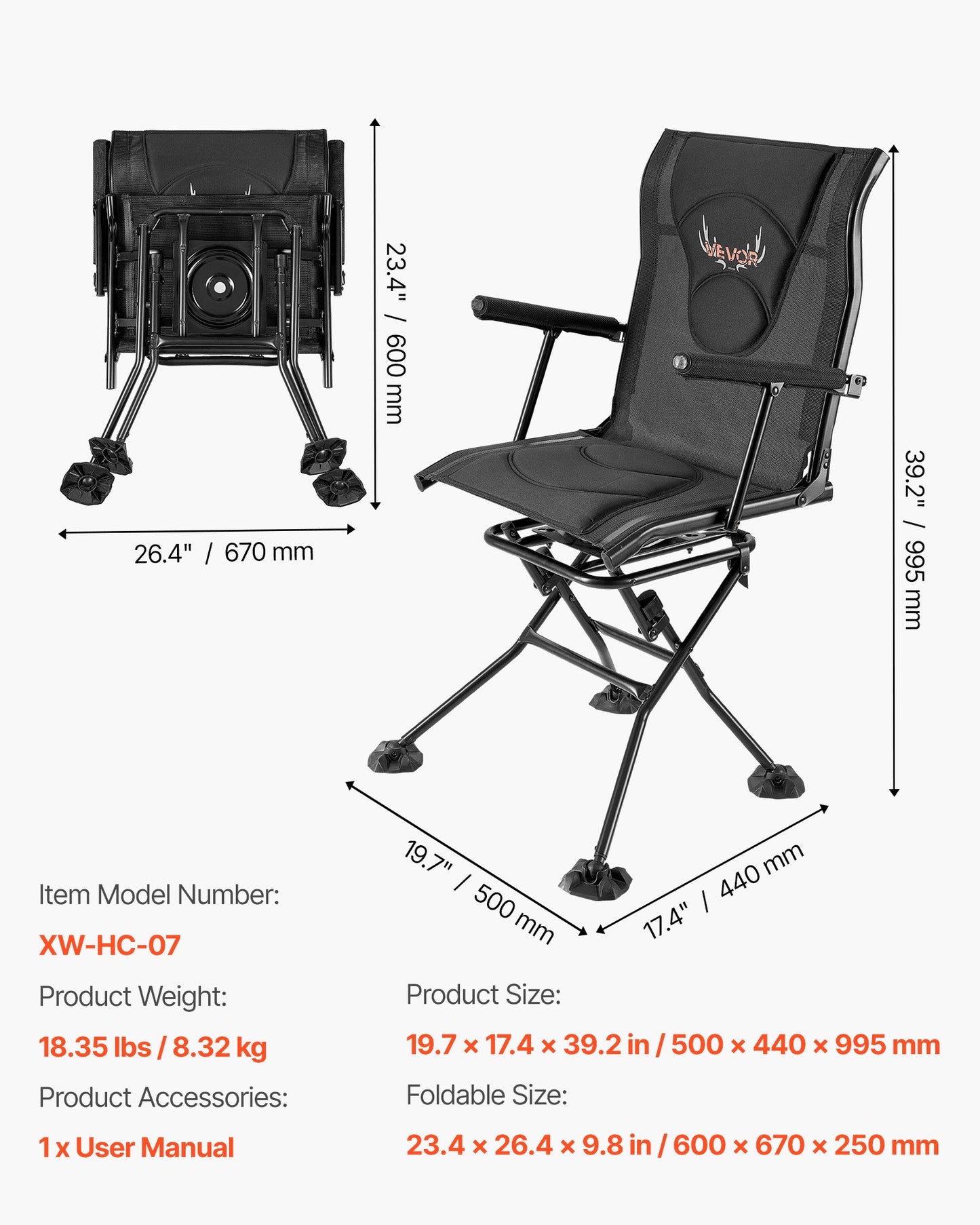 Hunting Chair, 360° Silent Swivel, Foldable Portable Blind Chair, Heavy-Duty Steel Frame Ground Stool Seat, with Armrests, Adjustable Carry Strap, Anti-Sink Feet, 300 Lbs Capacity for Fishing