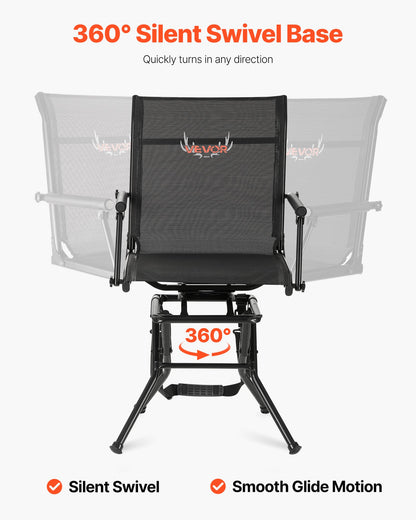 Hunting Chair, 360° Silent Swivel, Foldable Lightweight Portable Blind Chair, Heavy-Duty Steel Frame Ground Stool Seat, with Armrest, Adjustable Carry Strap, 300 Lbs Capacity for Fishing Camping
