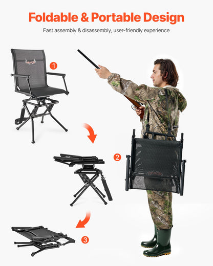 Hunting Chair, 360° Silent Swivel, Foldable Lightweight Portable Blind Chair, Heavy-Duty Steel Frame Ground Stool Seat, with Armrest, Adjustable Carry Strap, 300 Lbs Capacity for Fishing Camping