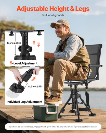 Hunting Chair, 360° Silent Swivel, Foldable Portable Blind Chair, Heavy-Duty Steel Frame Ground Stool Seat,with Armrests, Anti-Sink Feet, Height Adjustable, 350 Lbs Capacity for Fishing Camping