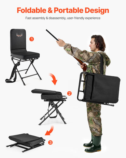 Hunting Chair, 360° Silent Swivel, Foldable Lightweight Portable Blind Chair, Heavy-Duty Steel Frame Ground Stool Seat, with Adjustable Shoulder Strap, 300 Lbs Capacity for Fishing, Camping
