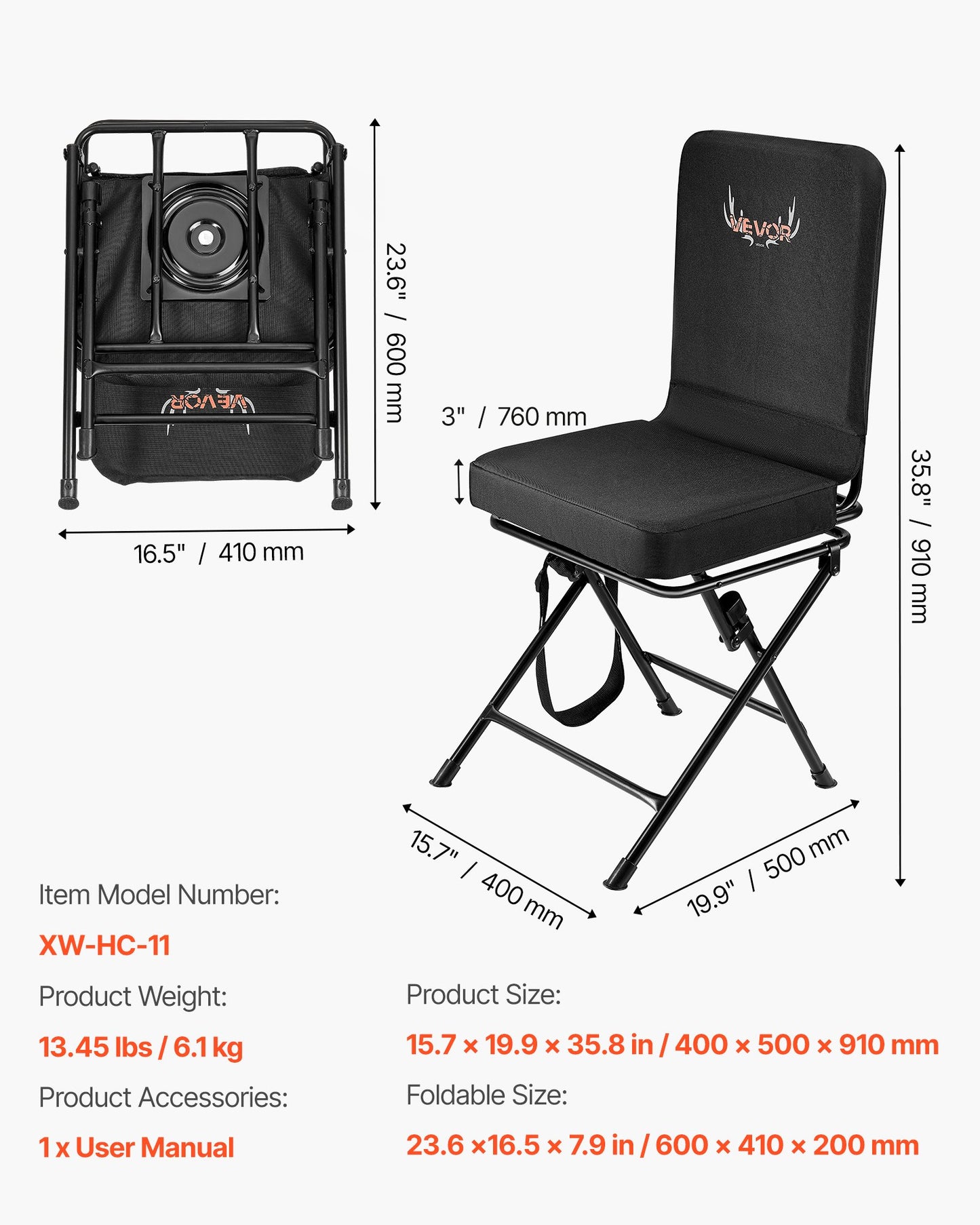 Hunting Chair, 360° Silent Swivel, Foldable Lightweight Portable Blind Chair, Heavy-Duty Steel Frame Ground Stool Seat, with Adjustable Shoulder Strap, 300 Lbs Capacity for Fishing, Camping