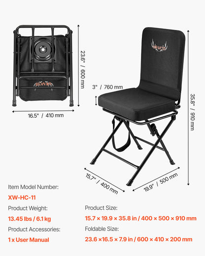 Hunting Chair, 360° Silent Swivel, Foldable Lightweight Portable Blind Chair, Heavy-Duty Steel Frame Ground Stool Seat, with Adjustable Shoulder Strap, 300 Lbs Capacity for Fishing, Camping