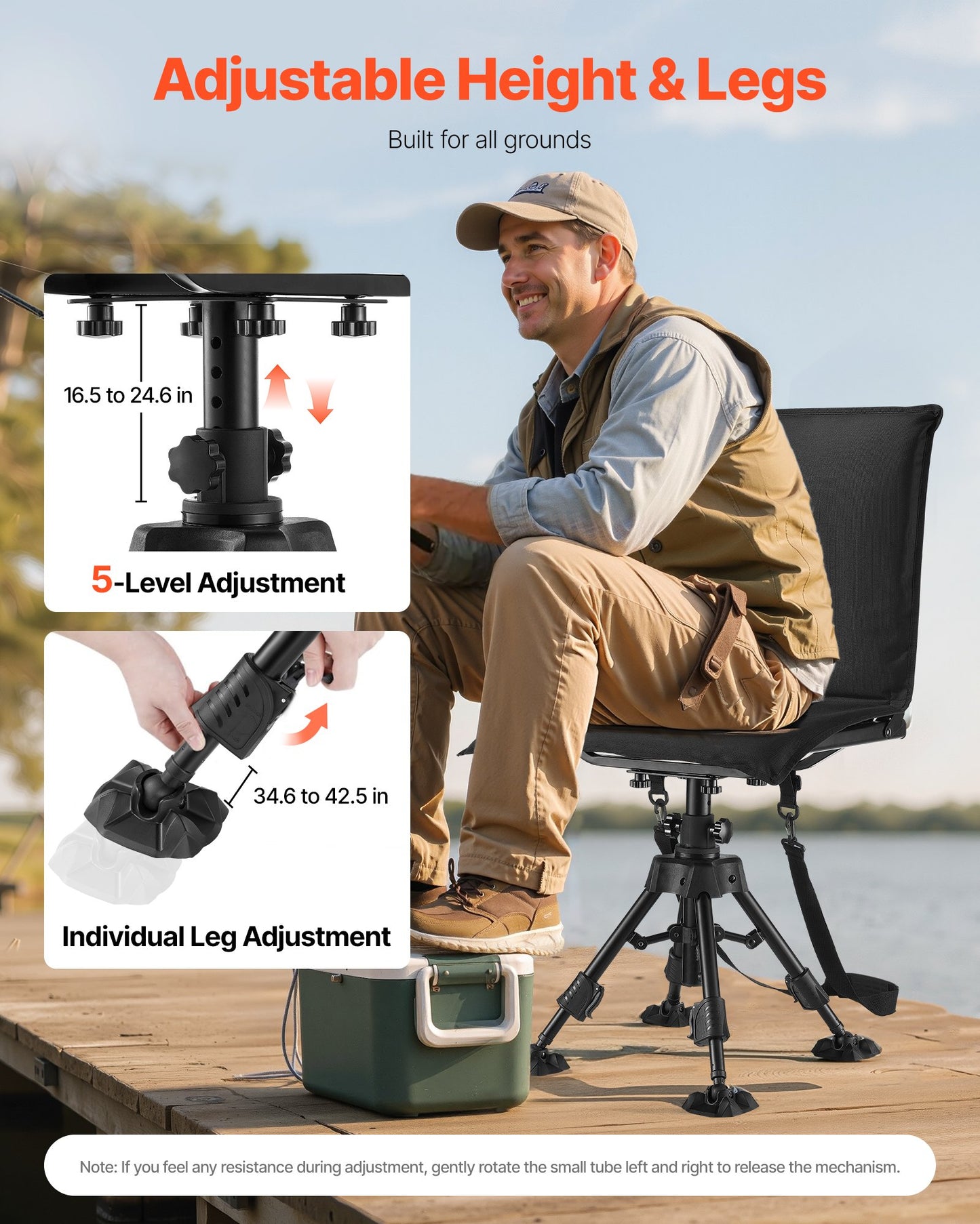 Hunting Chair, 360° Silent Swivel, Foldable Portable Blind Chair, Heavy-Duty Steel Frame Ground Stool Seat,with Seat Cover, Anti-Sink Feet, Height Adjustable, 350 Lbs Capacity, for Fishing