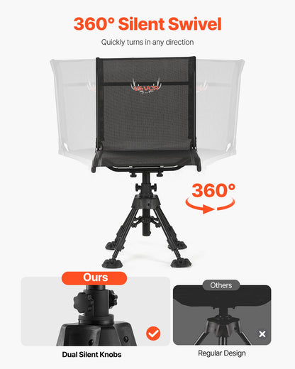 Hunting Chair, 360° Silent Swivel, Foldable Portable Blind Chair, Heavy-Duty Steel Frame Ground Stool Seat with Anti-Sink Swivel Feet, Height Adjustable, 350 Lbs Capacity for Fishing Camping