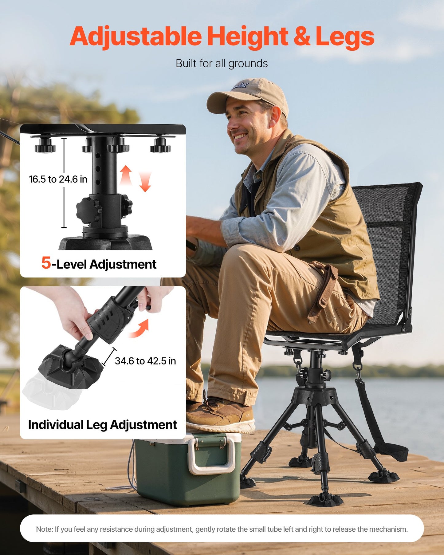 Hunting Chair, 360° Silent Swivel, Foldable Portable Blind Chair, Heavy-Duty Steel Frame Ground Stool Seat with Anti-Sink Swivel Feet, Height Adjustable, 350 Lbs Capacity for Fishing Camping