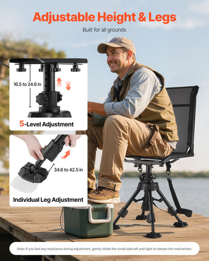 Hunting Chair, 360° Silent Swivel, Foldable Portable Blind Chair, Heavy-Duty Steel Frame Ground Stool Seat with Anti-Sink Swivel Feet, Height Adjustable, 350 Lbs Capacity for Fishing Camping