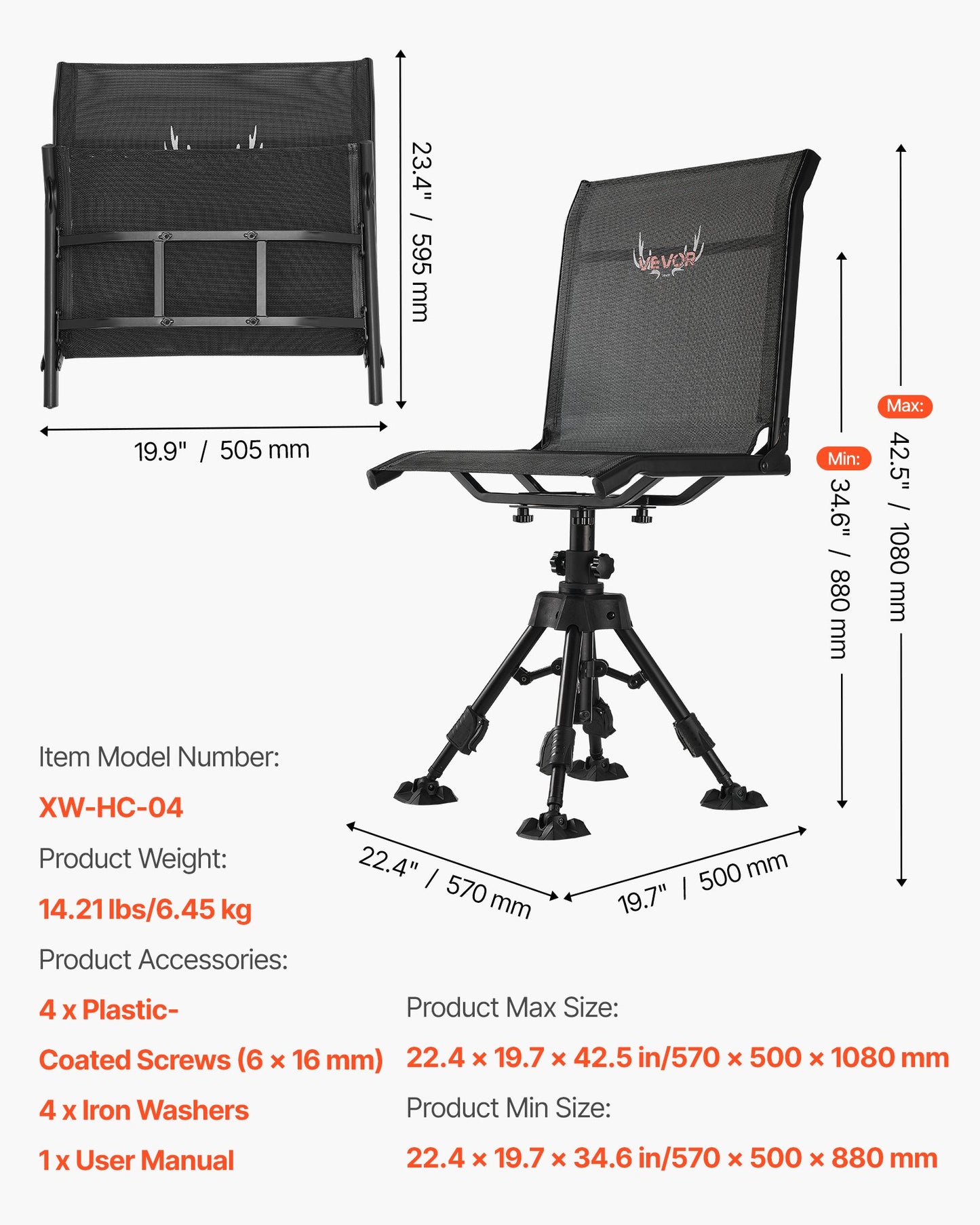 Hunting Chair, 360° Silent Swivel, Foldable Portable Blind Chair, Heavy-Duty Steel Frame Ground Stool Seat with Anti-Sink Swivel Feet, Height Adjustable, 350 Lbs Capacity for Fishing Camping