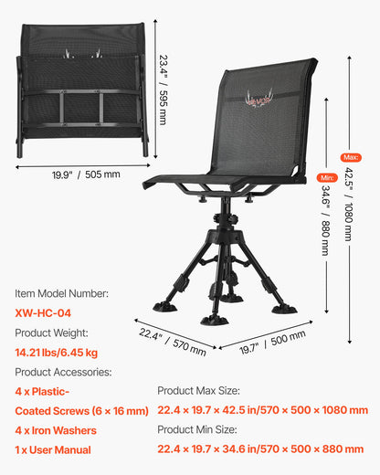 Hunting Chair, 360° Silent Swivel, Foldable Portable Blind Chair, Heavy-Duty Steel Frame Ground Stool Seat with Anti-Sink Swivel Feet, Height Adjustable, 350 Lbs Capacity for Fishing Camping
