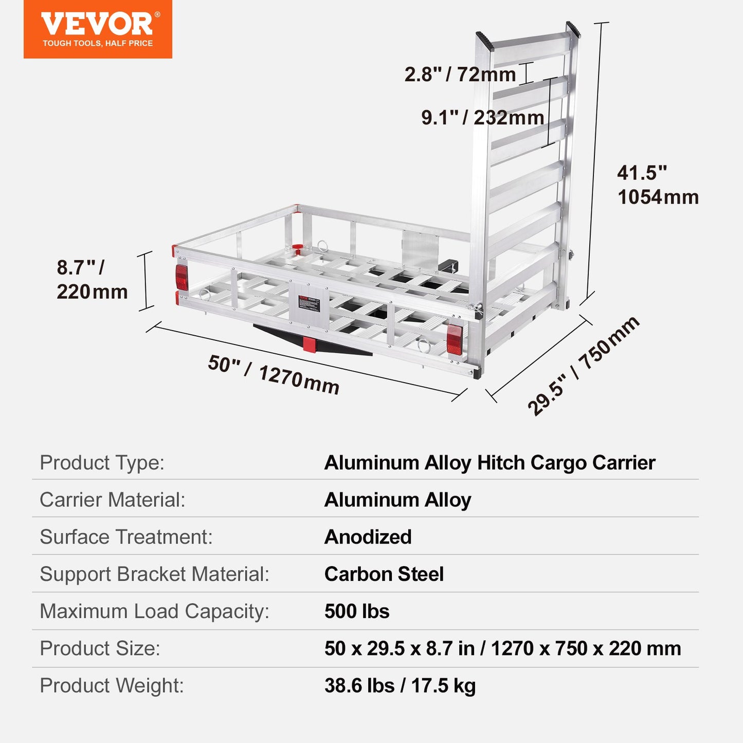 50 x 29.5 x 8.7 inch Hitch Cargo Carrier, 500lbs Capacity Trailer Hitch Mounted Cargo Basket, Aluminum Luggage Carrier Rack with Folding Ramp, Fits 2" Hitch Receiver for SUV Truck Pickup Camping