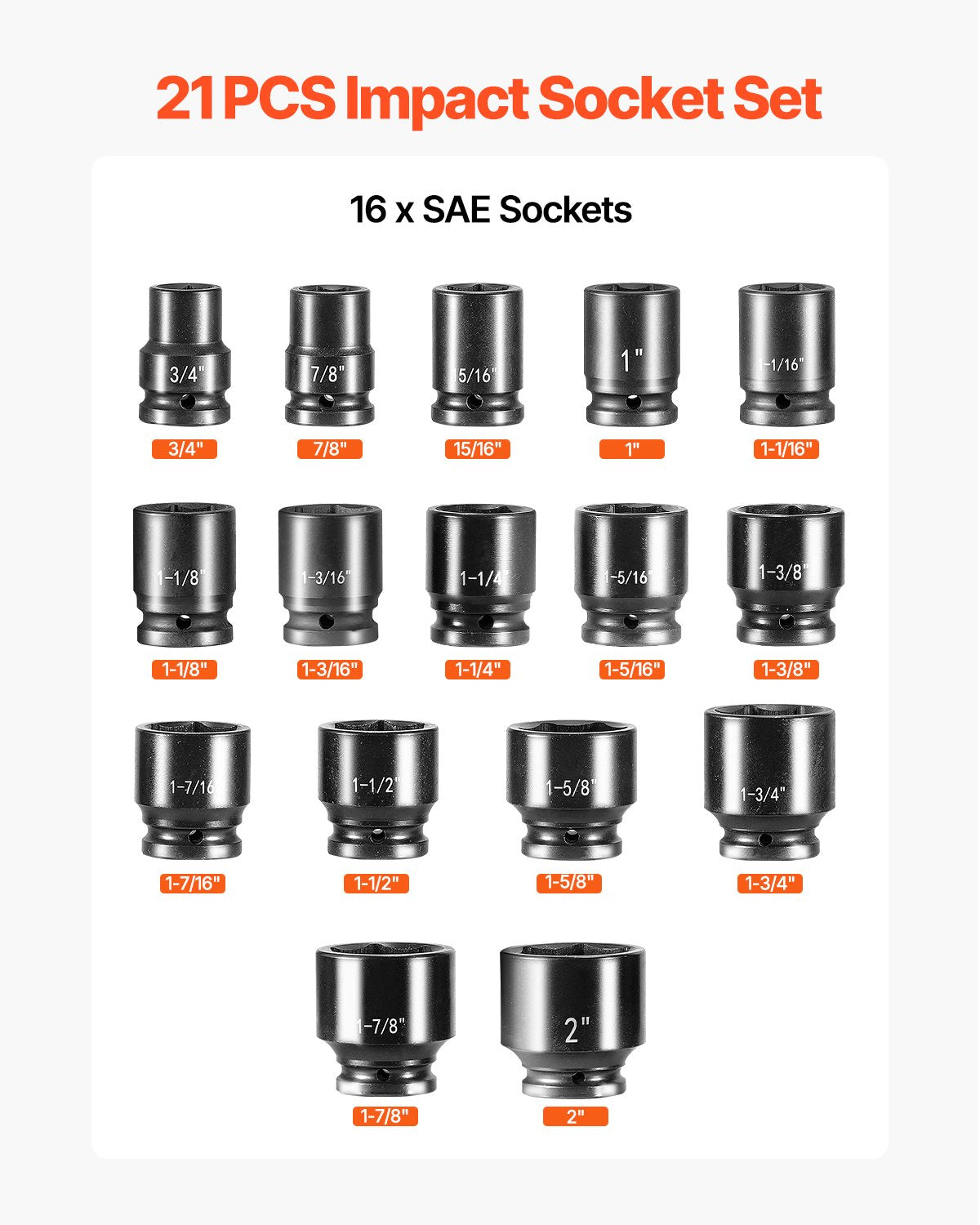 3/4 in Drive Impact Socket Set, 21 Pieces SAE 3/4 in to 2 in, 6 Point Cr-V Alloy Steel for Auto Repair, Easy-to-Read Size Markings, Includes Extension Bars, Ratchet Handle and Storage Case